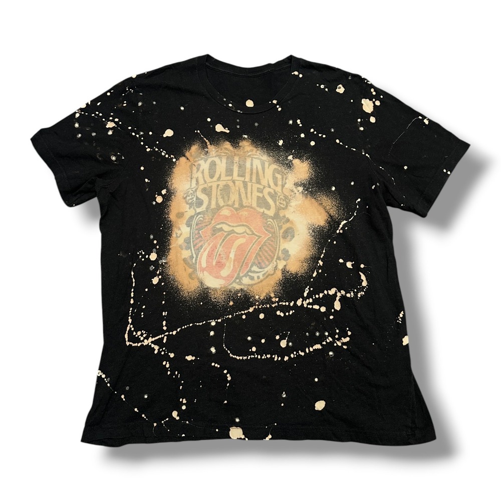 Rolling Stones Bleach Splatter Graphic T-Shirt Black Rock Band Tongue Logo XL